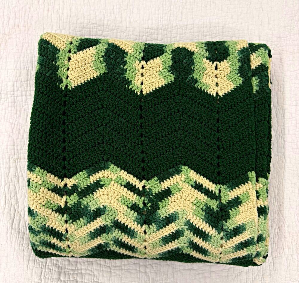 Handmade Large Green & Cream Chevron Crochet Sofa Throw Blanket, 56x56"